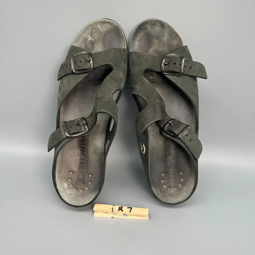 Mephisto Elka Womens 8 Black Nubuck Leather Adjustable Buckle Wedge Heel Sandals
